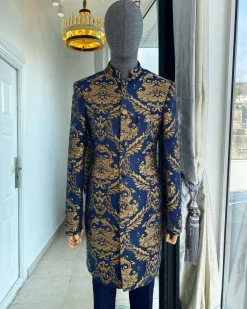 A “Namaste” Indian Sherwani Traditional Wedding Safari Gold Pattern Suit