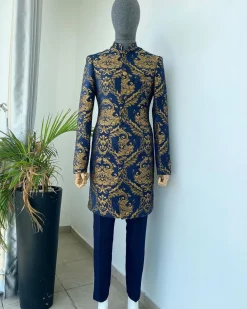 A “Namaste” Indian Sherwani Traditional Wedding Safari Gold Pattern Suit