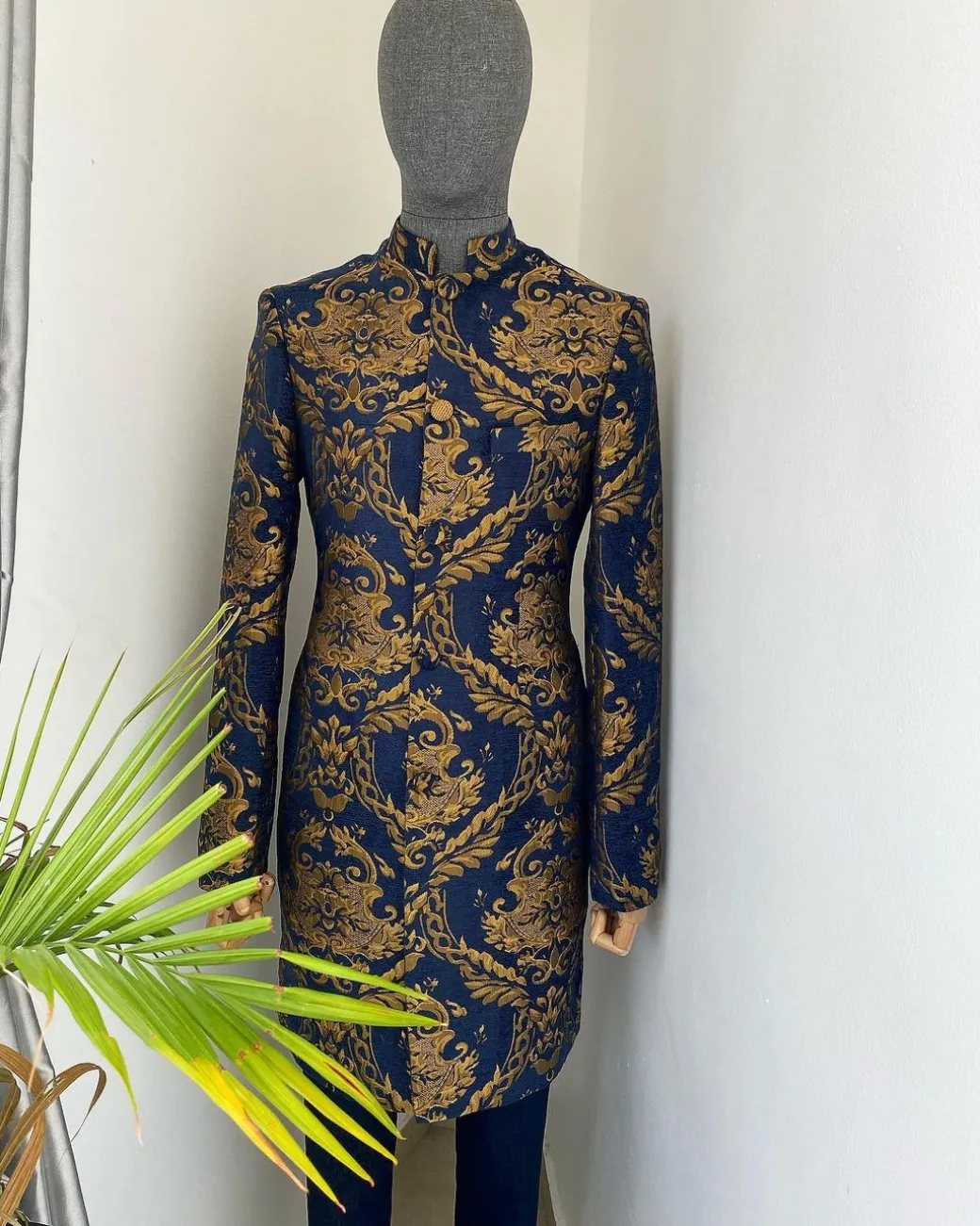 A “Namaste” Indian Sherwani Traditional Wedding Safari Gold Pattern Suit