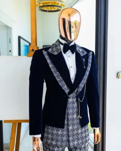 A Navy & light Carolina blue “octopussy” dogtooth Checkered jacquard, peak lapel 4 lapel layered tuxedo suit.