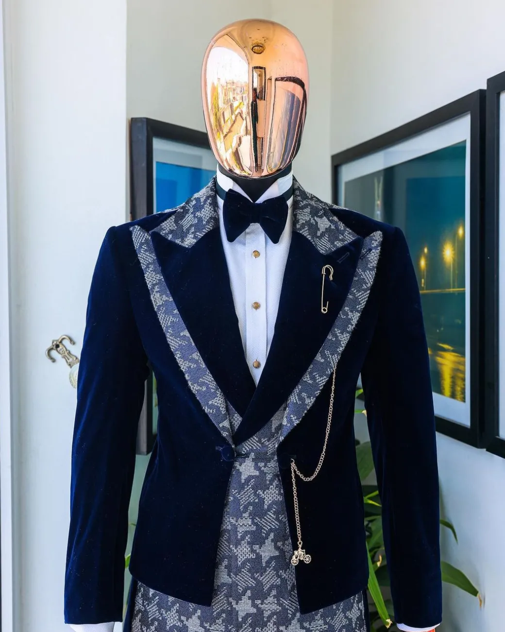 A Navy & light Carolina blue “octopussy” dogtooth Checkered jacquard, peak lapel 4 lapel layered tuxedo suit.