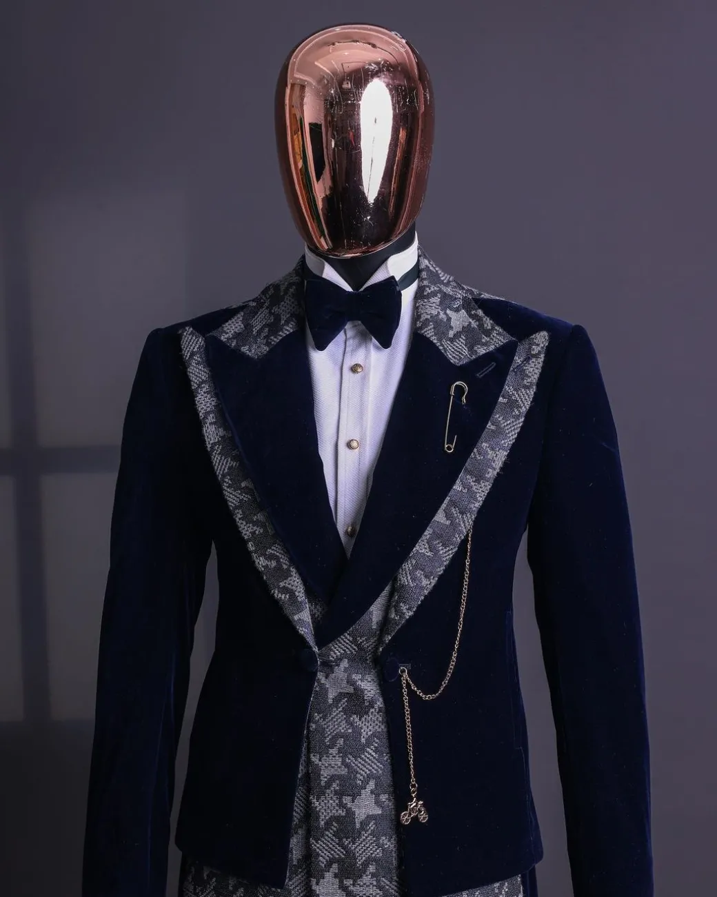 A Navy & light Carolina blue “octopussy” dogtooth Checkered jacquard, peak lapel 4 lapel layered tuxedo suit.