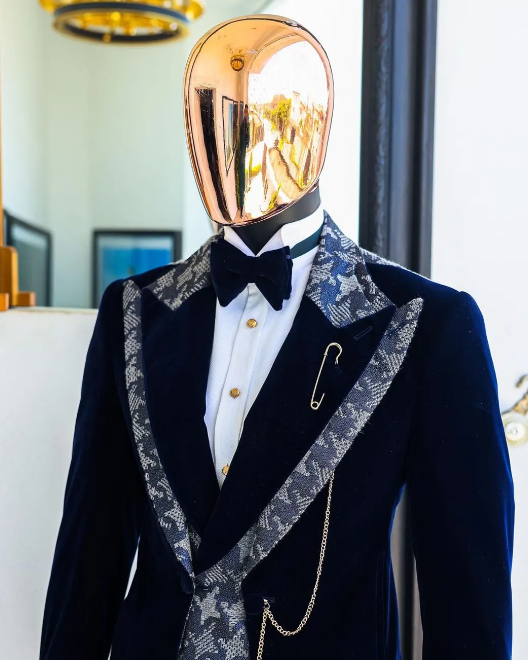 A Navy & light Carolina blue “octopussy” dogtooth Checkered jacquard, peak lapel 4 lapel layered tuxedo suit.