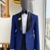 A Navy And Midnight Mixed Square Pattern Jacquard Shawl Lapel Tuxedo Suit.