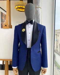 A Navy And Midnight Mixed Square Pattern Jacquard Shawl Lapel Tuxedo Suit.