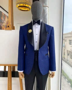 A Navy And Midnight Mixed Square Pattern Jacquard Shawl Lapel Tuxedo Suit.
