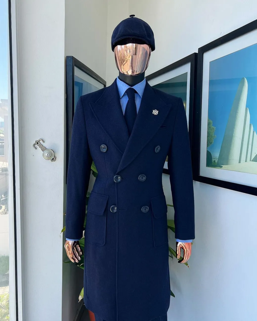 A Navy blue – Jorgecarli Vogue jacket – “Sicilian” peak lapel trench double breasted suit