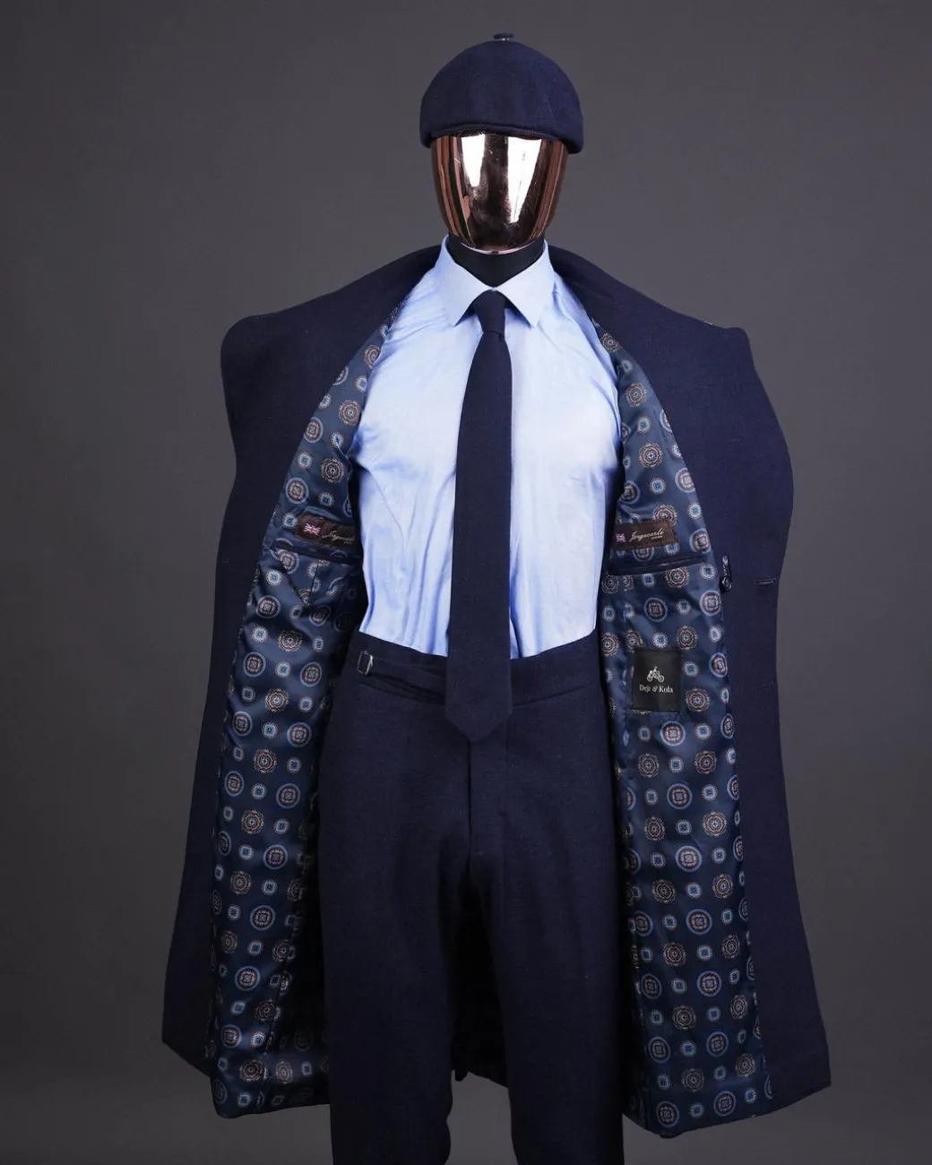 A Navy blue – Jorgecarli Vogue jacket – “Sicilian” peak lapel trench double breasted suit