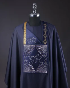 A Navy Blue, Ajala The Traveler Metallic Wire Embroidery Details Agbada