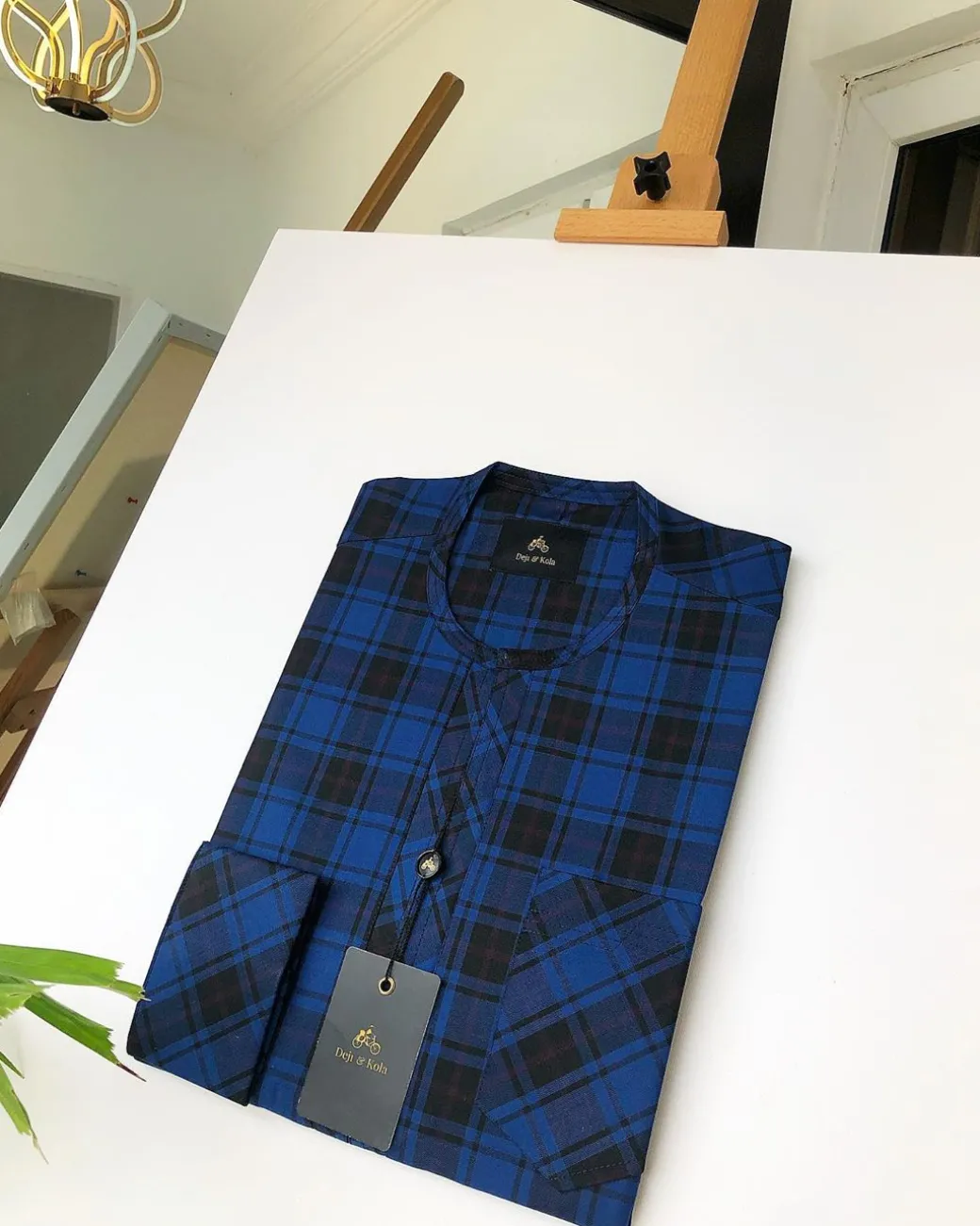 A Navy Blue and Black Check Front flap detailing Kaftan