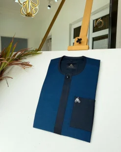 A Navy blue and blue flap African kaftan with matching patch pocket and Sokoto
