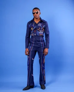 A Navy Blue, “Anikulapo” Arewa Embroidery Top And Pant African Native.