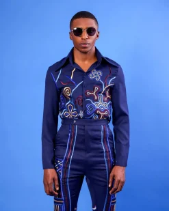 A Navy Blue, “Anikulapo” Arewa Embroidery Top And Pant African Native.