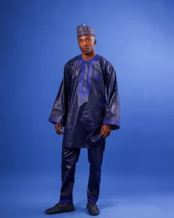 A Navy Blue, Arewa Embroidery Details, Long Sleeve, Free-Hand African Senator Kaftan Native.