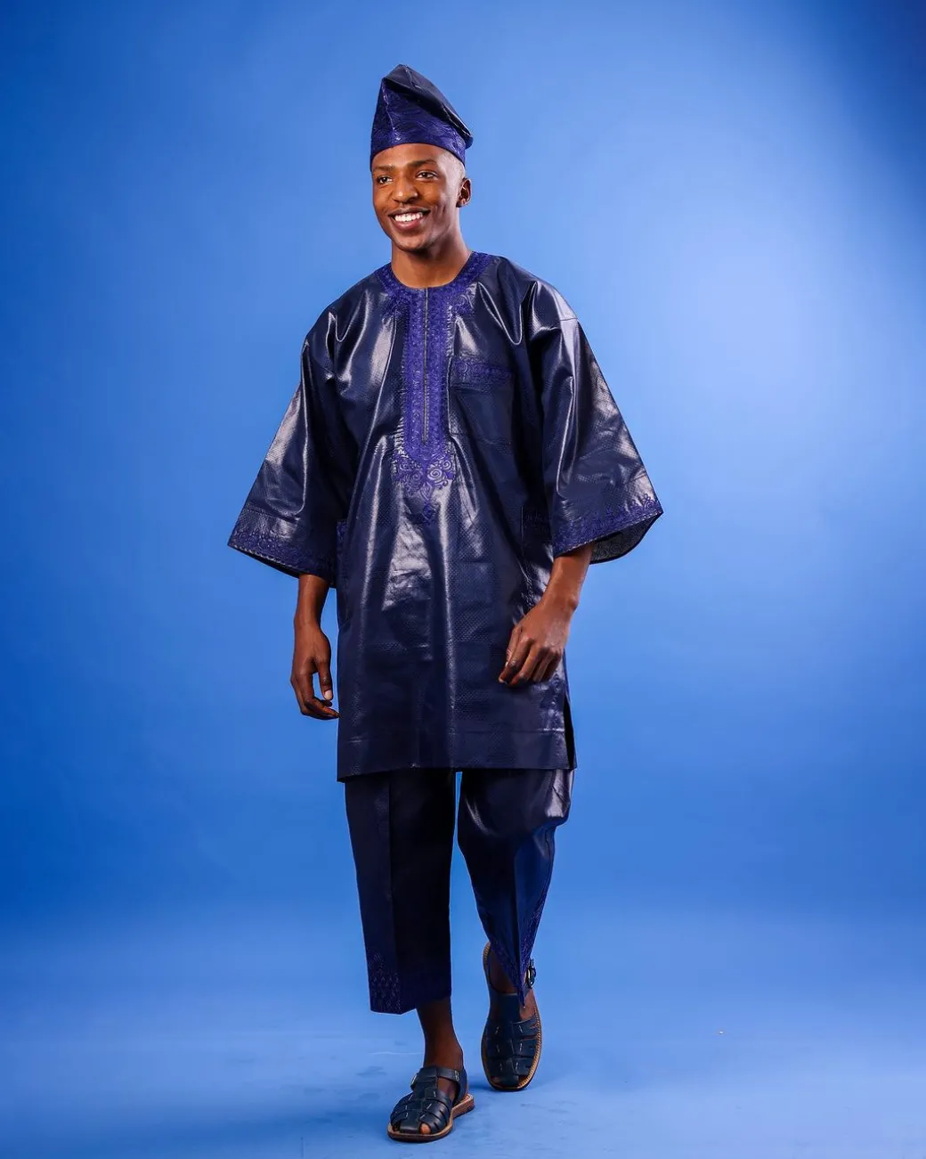 A Navy blue “Arewa” embroidery details, 3/4-sleeve African senator Kaftan native