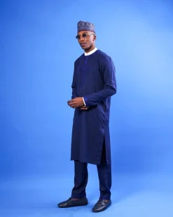 A Navy Blue, Arewa Embroidery Details Long Sleeve African Senator Kaftan Native