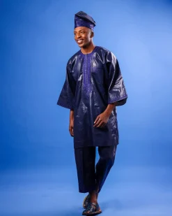 A Navy blue “Arewa” embroidery details, 3/4-sleeve African senator Kaftan native