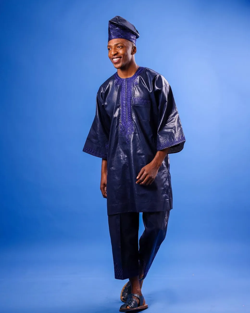 A Navy blue “Arewa” embroidery details, 3/4-sleeve African senator Kaftan native