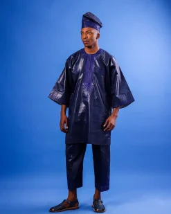 A Navy blue “Arewa” embroidery front cut towards back, traditional Agbada, 3/4 sleeve kaftan, and Sokoto