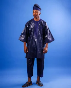 A Navy blue “Arewa” embroidery details, 3/4-sleeve African senator Kaftan native