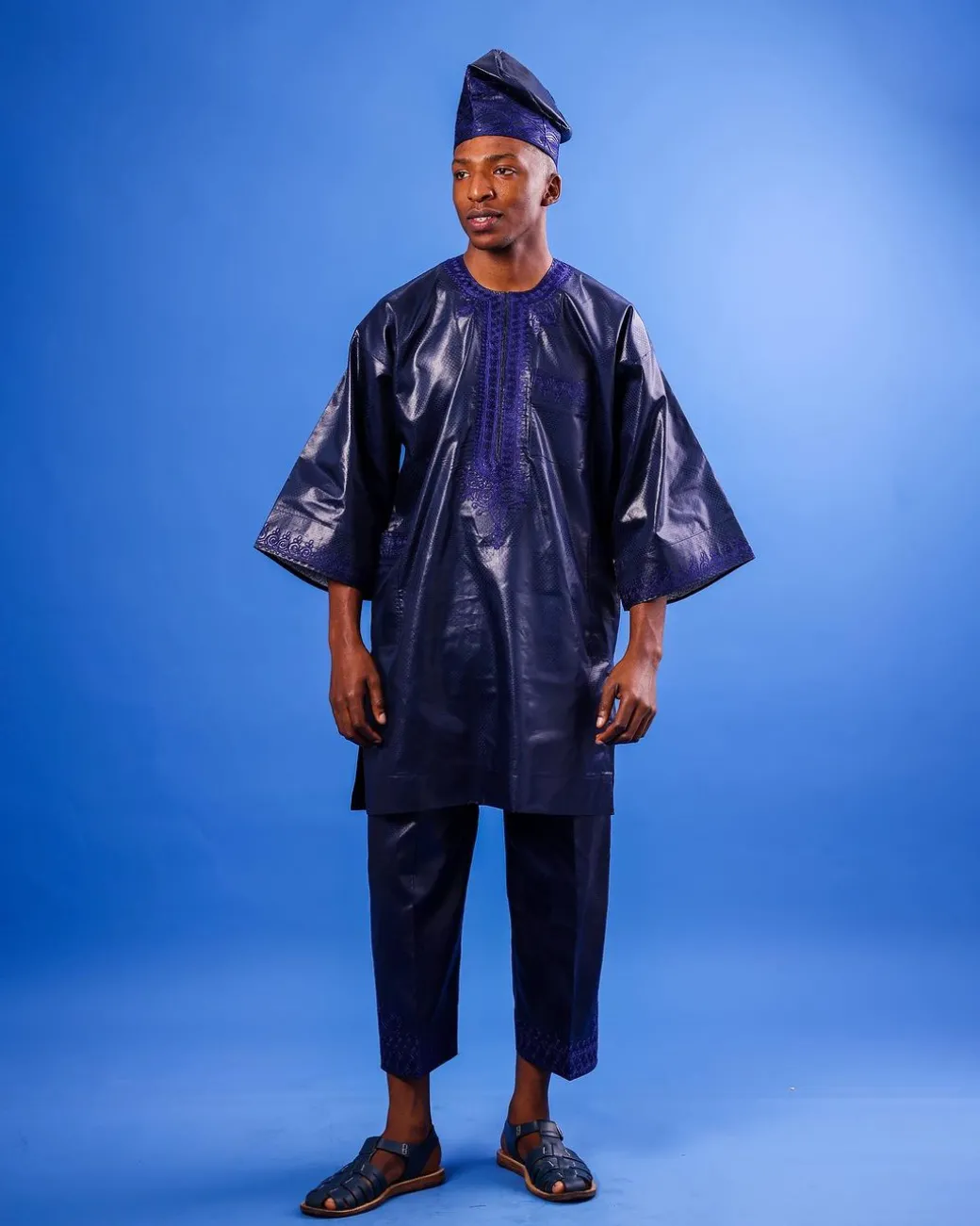 A Navy blue “Arewa” embroidery details, 3/4-sleeve African senator Kaftan native