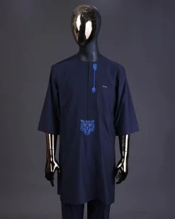 A Navy blue arrow and tiger head embroidery detail with matching Swarovski stone kaftan and Sokoto