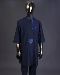 A Navy blue arrow and tiger head embroidery detail with matching Swarovski stone kaftan and Sokoto