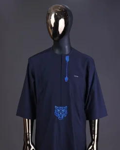 A Navy blue arrow and tiger head embroidery detail with matching Swarovski stone kaftan and Sokoto