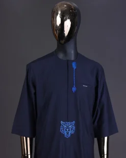 A Navy blue arrow and tiger head embroidery detail with matching Swarovski stone kaftan and Sokoto