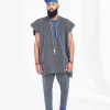A Navy Blue Aso Oke Dashiki And Hand Wooven Yoruba Hat
