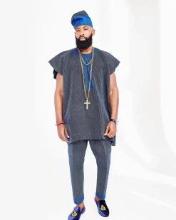 A Navy Blue Aso Oke Dashiki And Hand Wooven Yoruba Hat