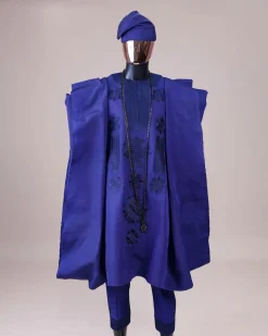 A Navy blue aso-oke, spiral embroidery detailing agbada