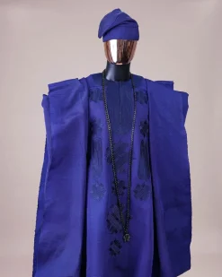 A Navy blue aso-oke, spiral embroidery detailing agbada