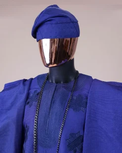A Navy blue aso-oke, spiral embroidery detailing agbada