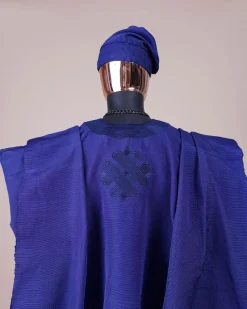 A Navy blue aso-oke, spiral embroidery detailing agbada