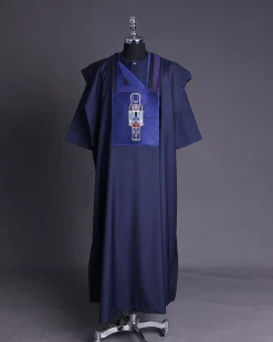 A Navy blue, central head of pagoda embroidery details agbada