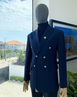 A Navy Blue Chalk Stripe Double Breasted Peak Lapel Suit
