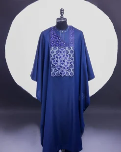 A Navy Blue, Connected Inverted Cube -Layered 3D Embroidery Design With Splashed Sky Blue ss30 Swarovski Stone Details Agbada