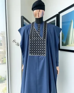 A Navy blue, connected square embroidery design details agbada