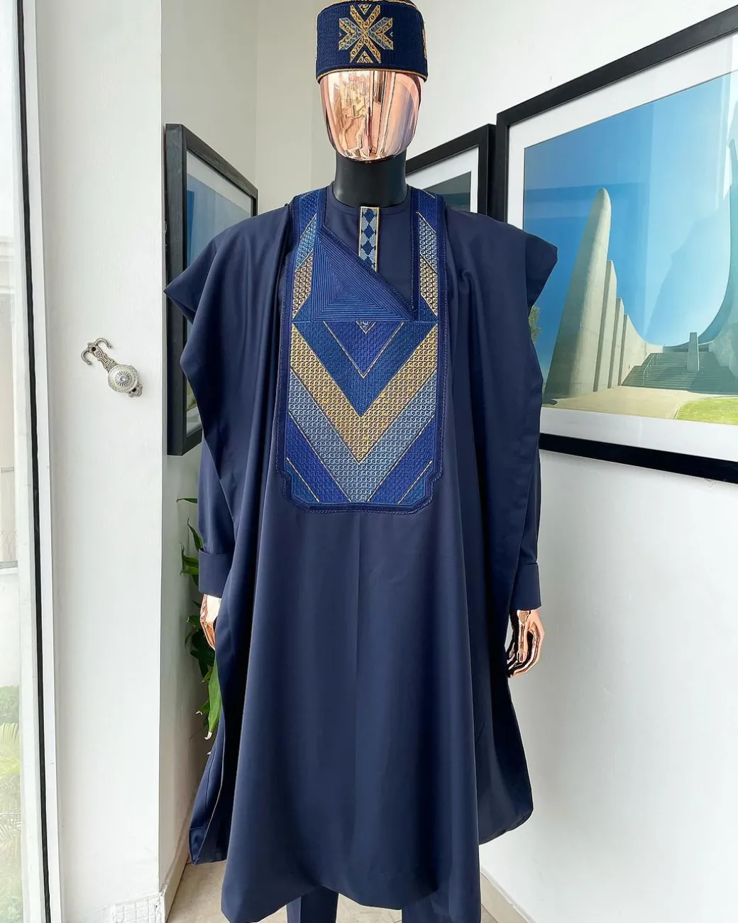 A Navy blue, Connected triangle -layered 3D embroidery design details agbada