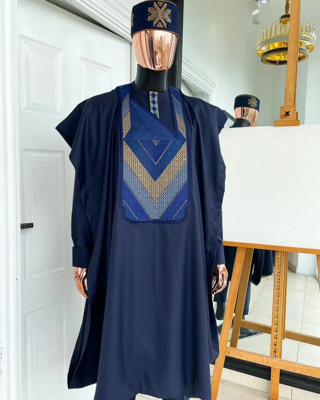 A Navy blue, Connected triangle -layered 3D embroidery design details agbada