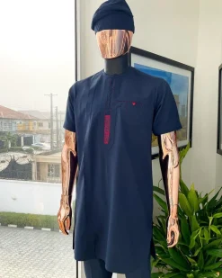 A Navy blue, curly connected with wine paisley detailing african traditional senator kaftan native.