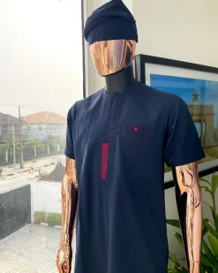 A Navy blue, curly connected with wine paisley detailing african traditional senator kaftan native.