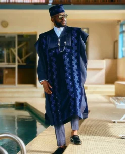 A Navy Blue, Deltagbada Flapper Embroidery Details Agbada