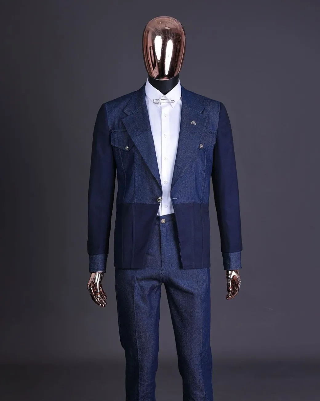 A Navy blue denim & jacquard mix notch lapel jacket