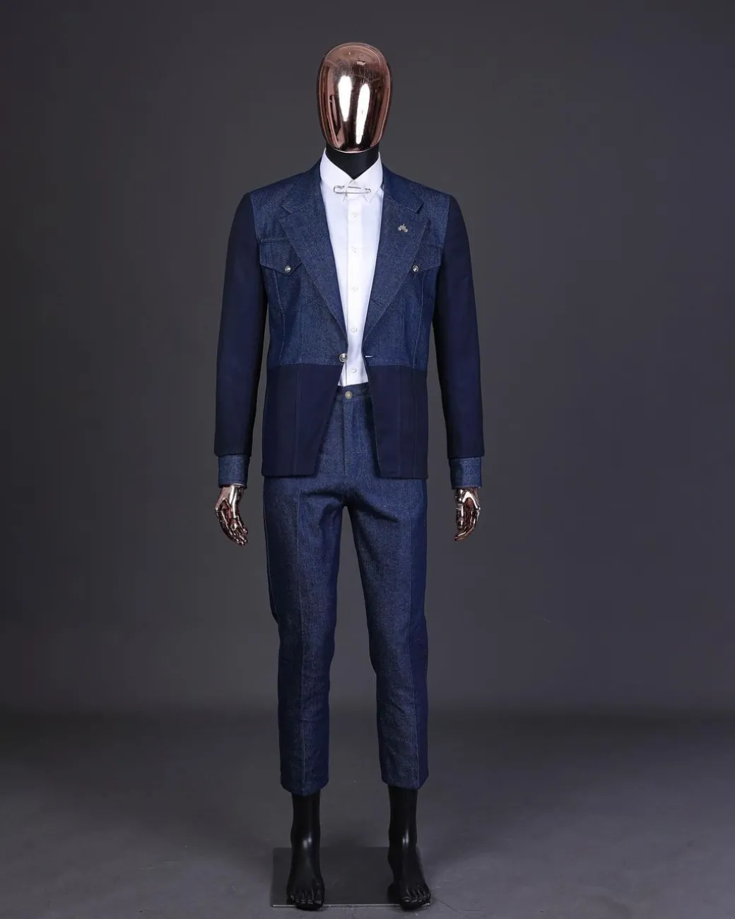 A Navy blue denim & jacquard mix notch lapel jacket