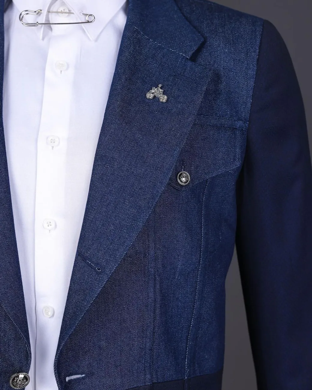 A Navy blue denim & jacquard mix notch lapel jacket