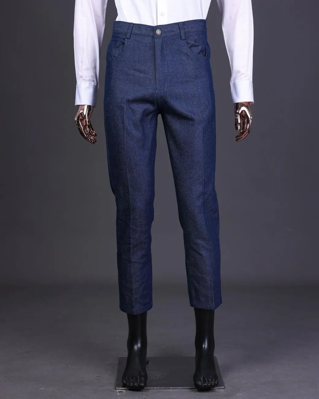 A Navy blue denim & jacquard mix notch lapel jacket