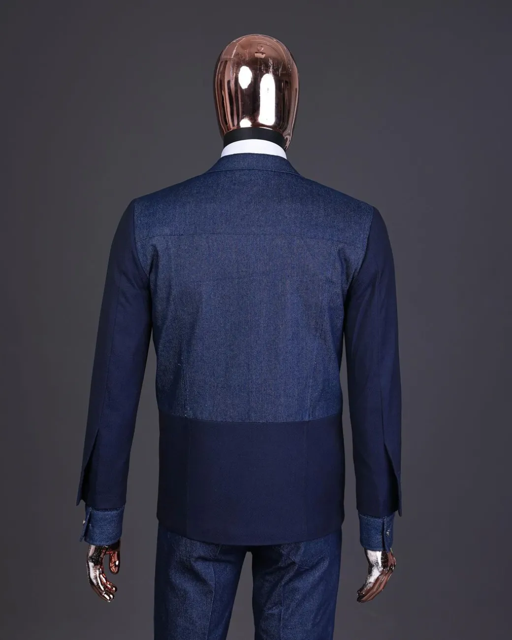 A Navy blue denim & jacquard mix notch lapel jacket