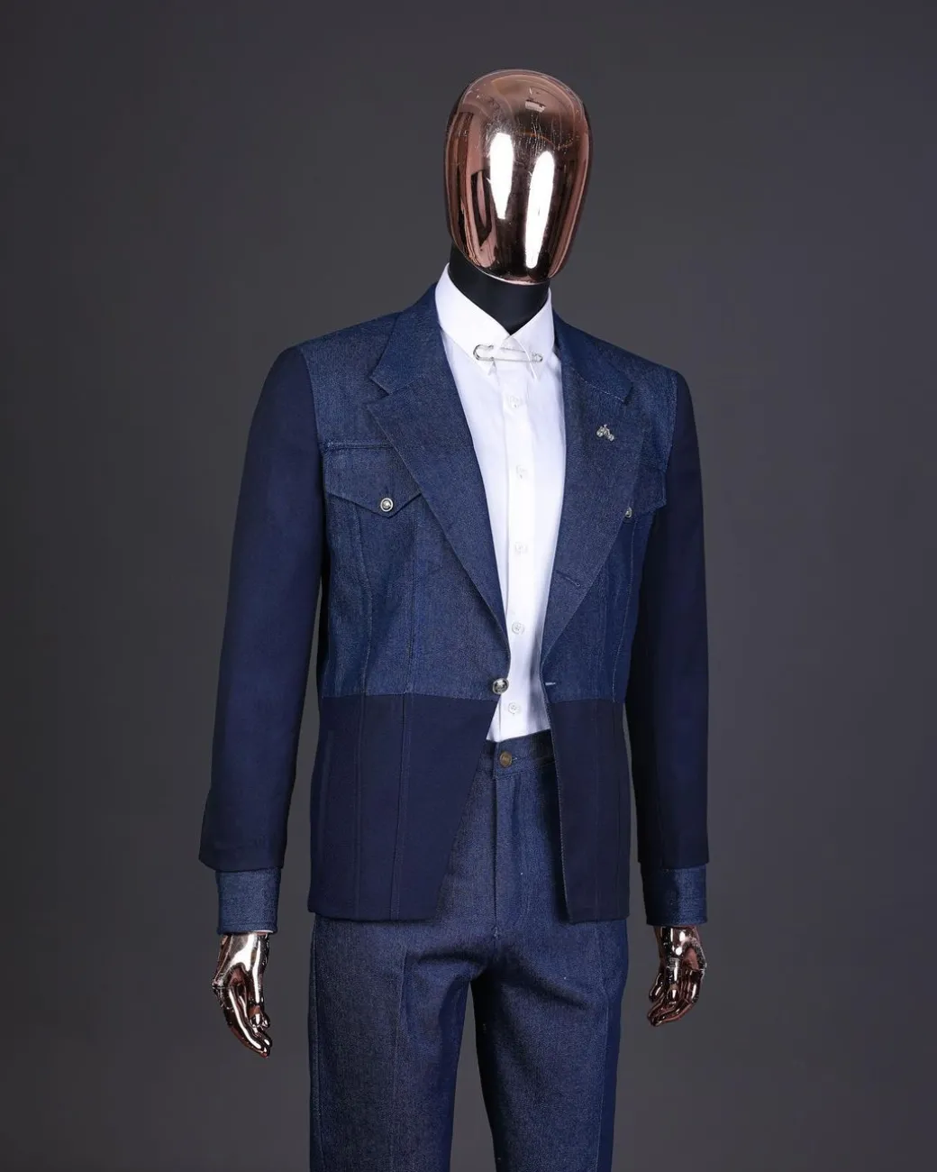 A Navy blue denim & jacquard mix notch lapel jacket